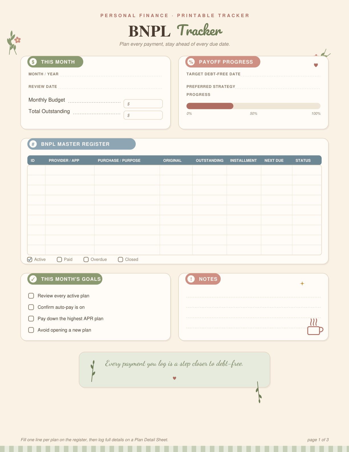 Sample page: monthly overview and BNPL master register