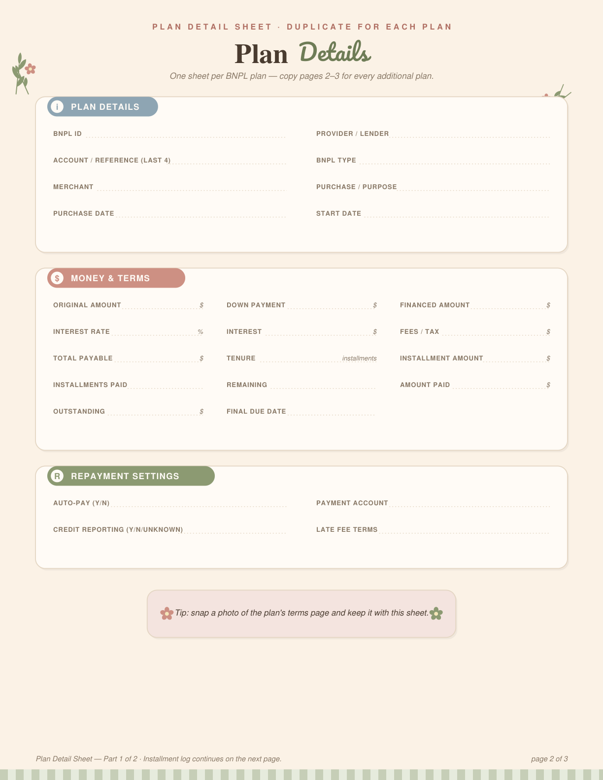 Sample page: plan detail sheet