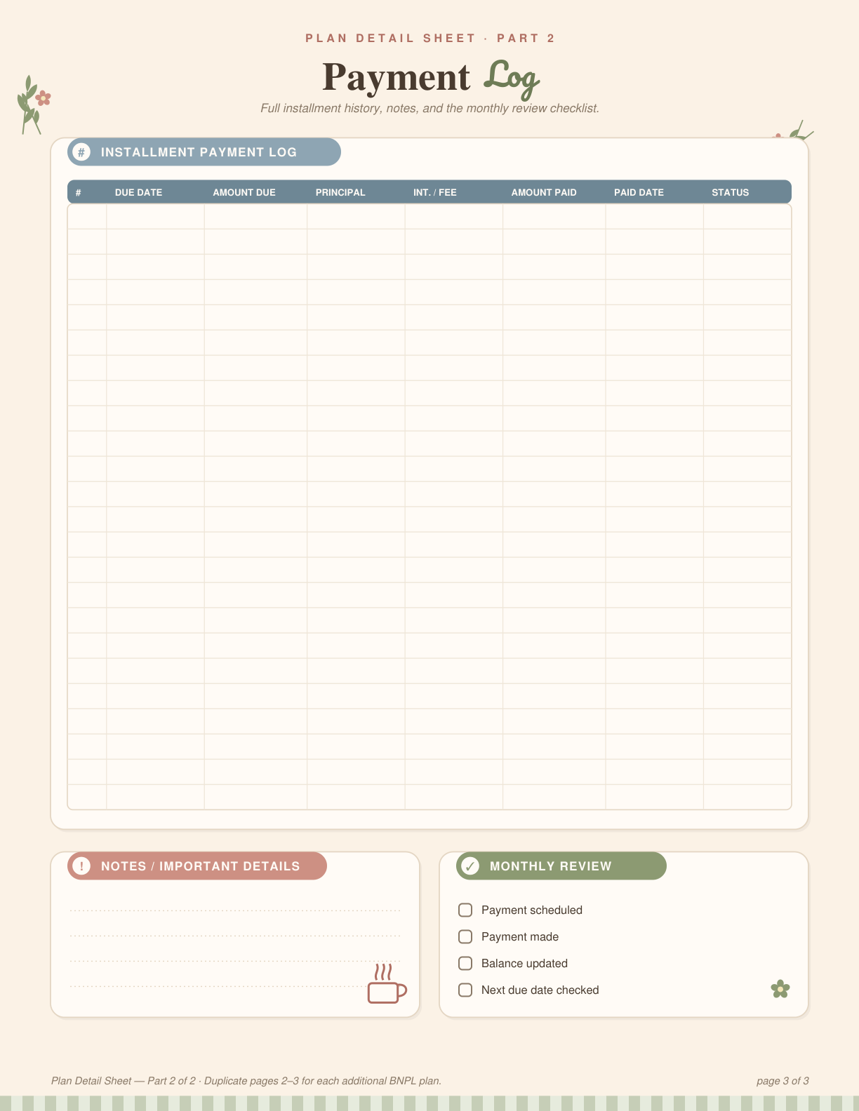 Sample page: installment payment log
